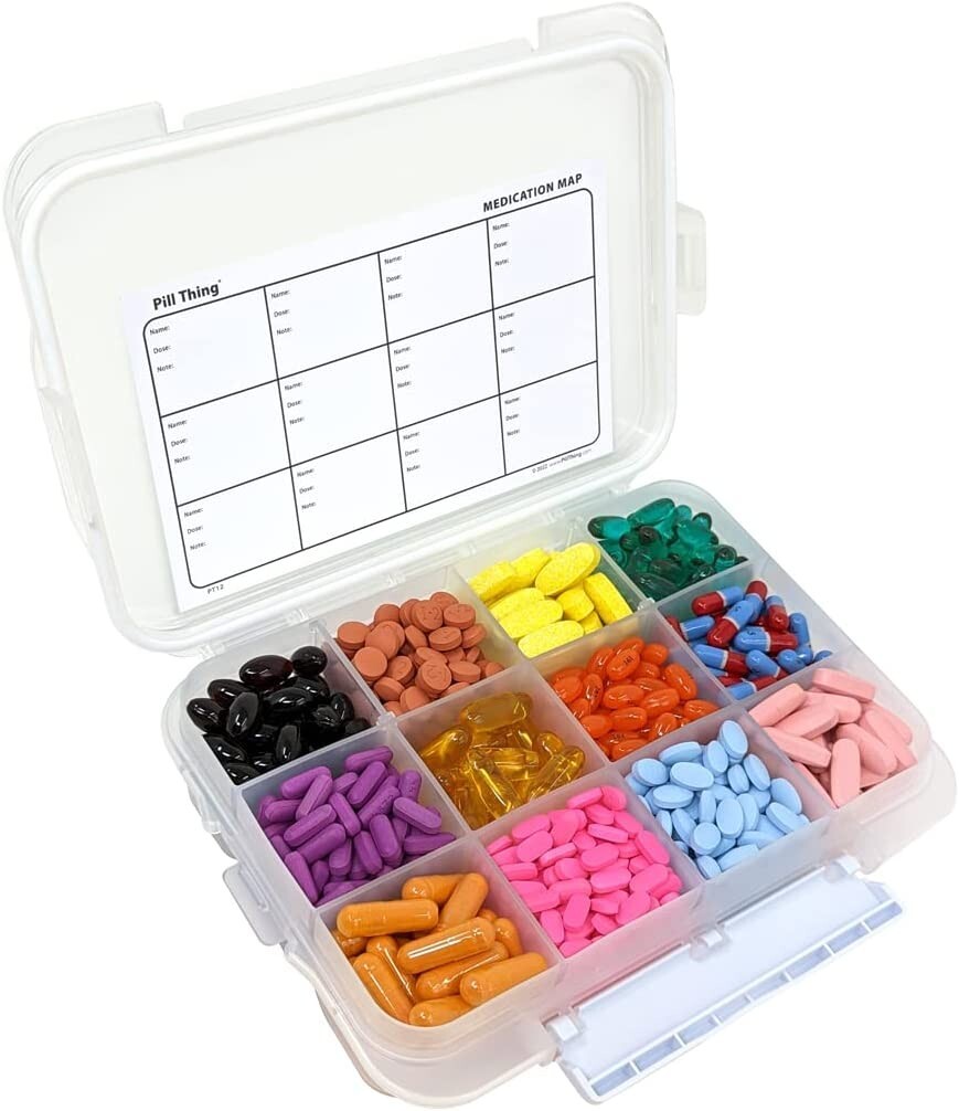 12 Compartment Large Pill Case w/ Airtight Seal Waterproof Medication Map