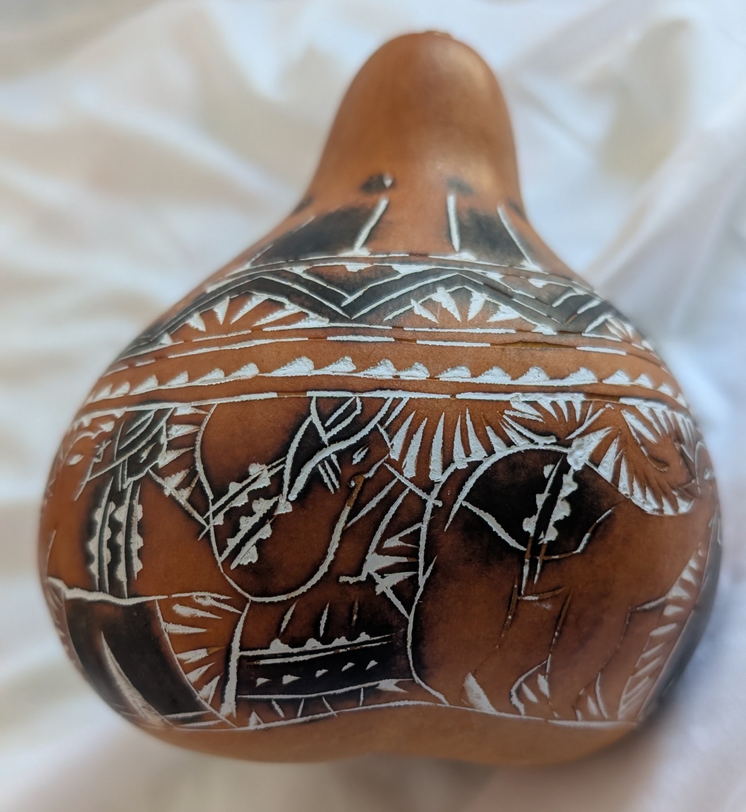 Vintage Peruvian Folk Art Intricate Hand Carved Pictorial Story Gourd Peru 5"x5"