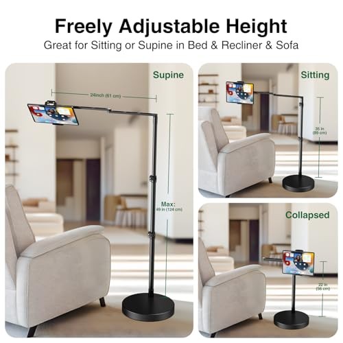 Adjustable Tablet Floor Stand with Heavy Duty Base, Side-Clamp Tablet Holder