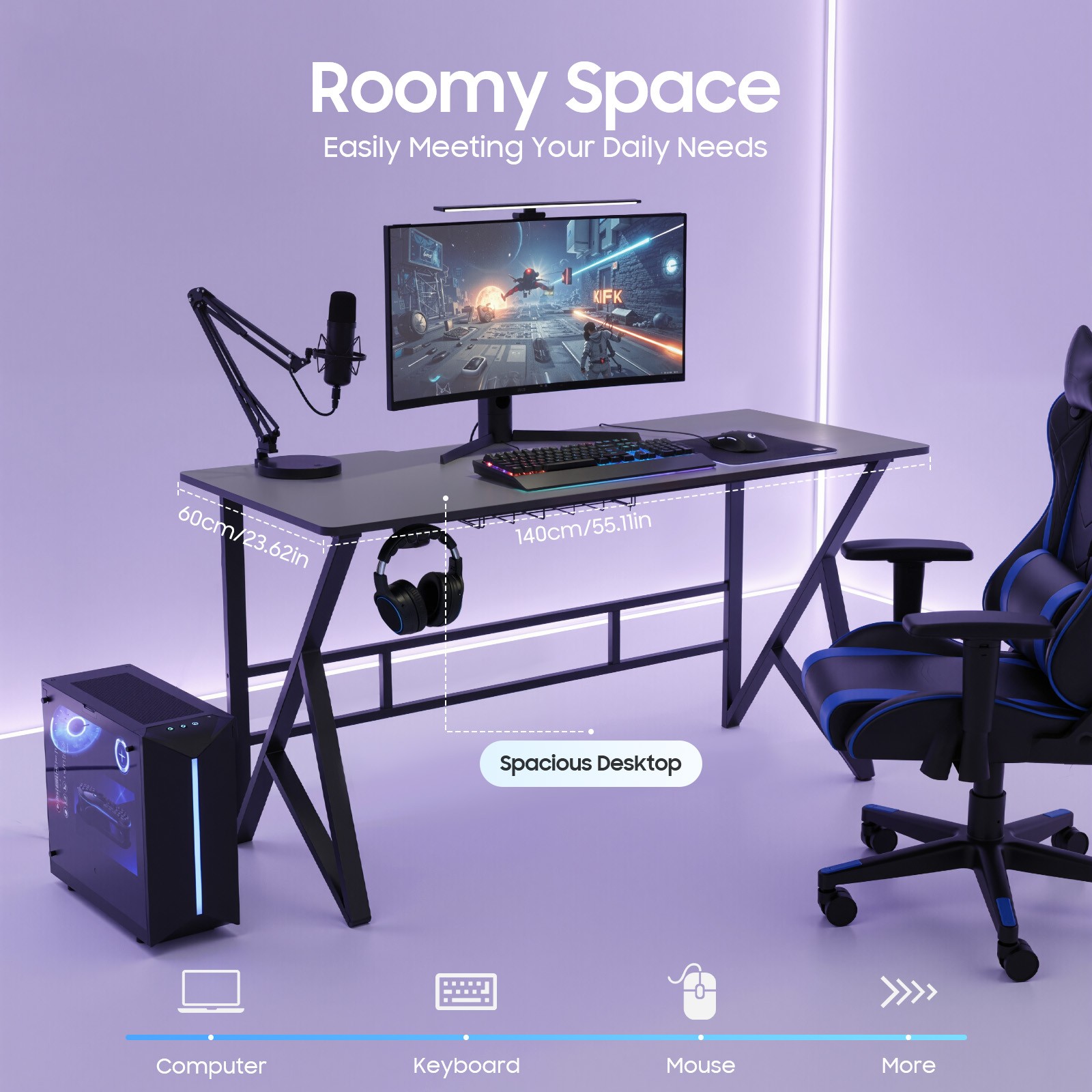 Spacious Ergonomic Computer Desk for Home Office and Gaming Setup