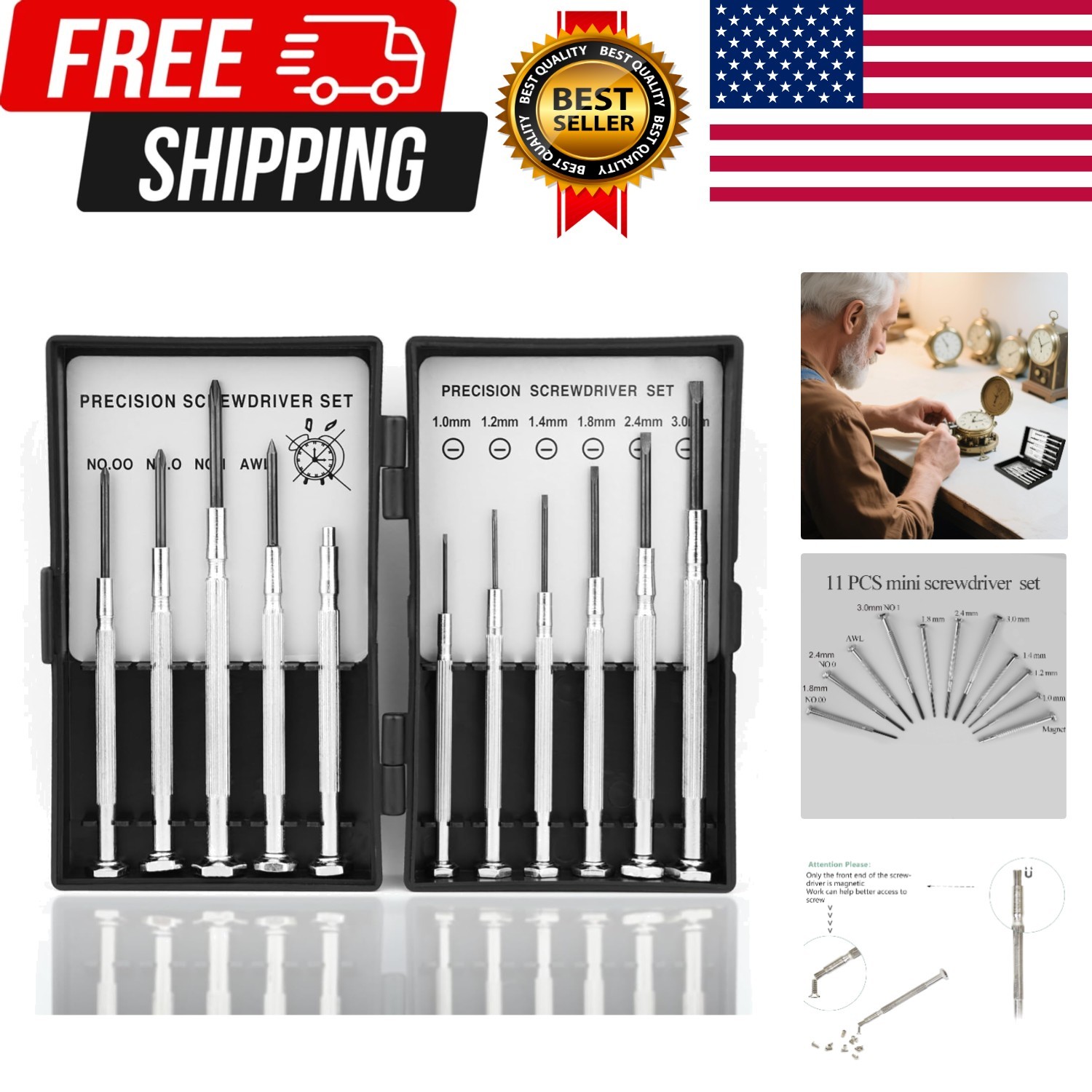 11pc Small Precision Screwdriver Set Mini 6 Sizes Flat Philips for Watch Glasses