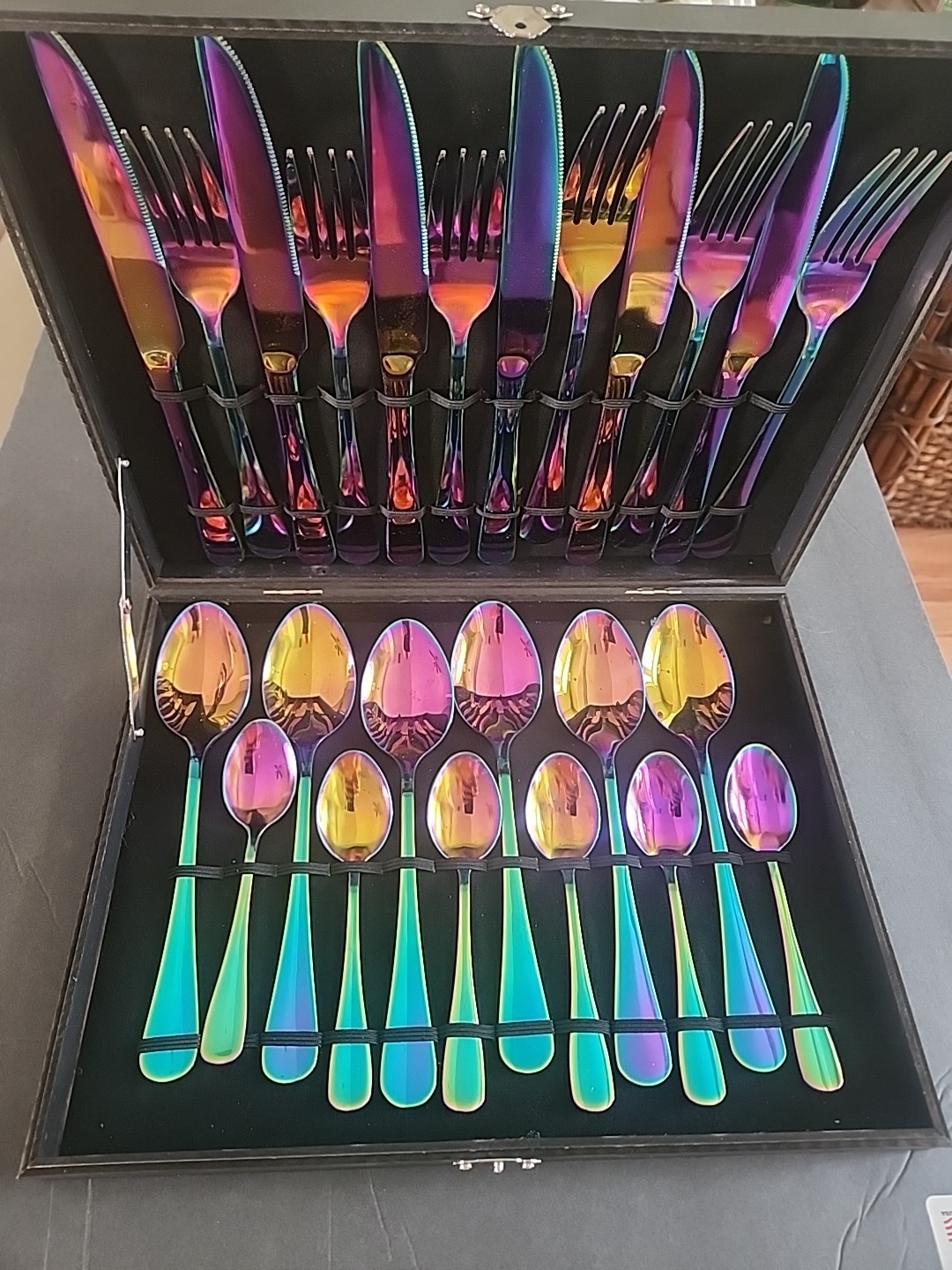 Rainbow Iridescent Stainless Steel Flatware Service For Six (26 piece) w/ case