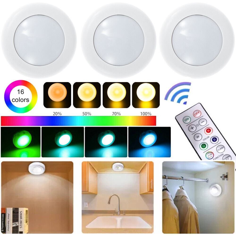 3PCS LED Puck Light Wireless Under Cabinet Lighting Kit Kitchen Counter Light US