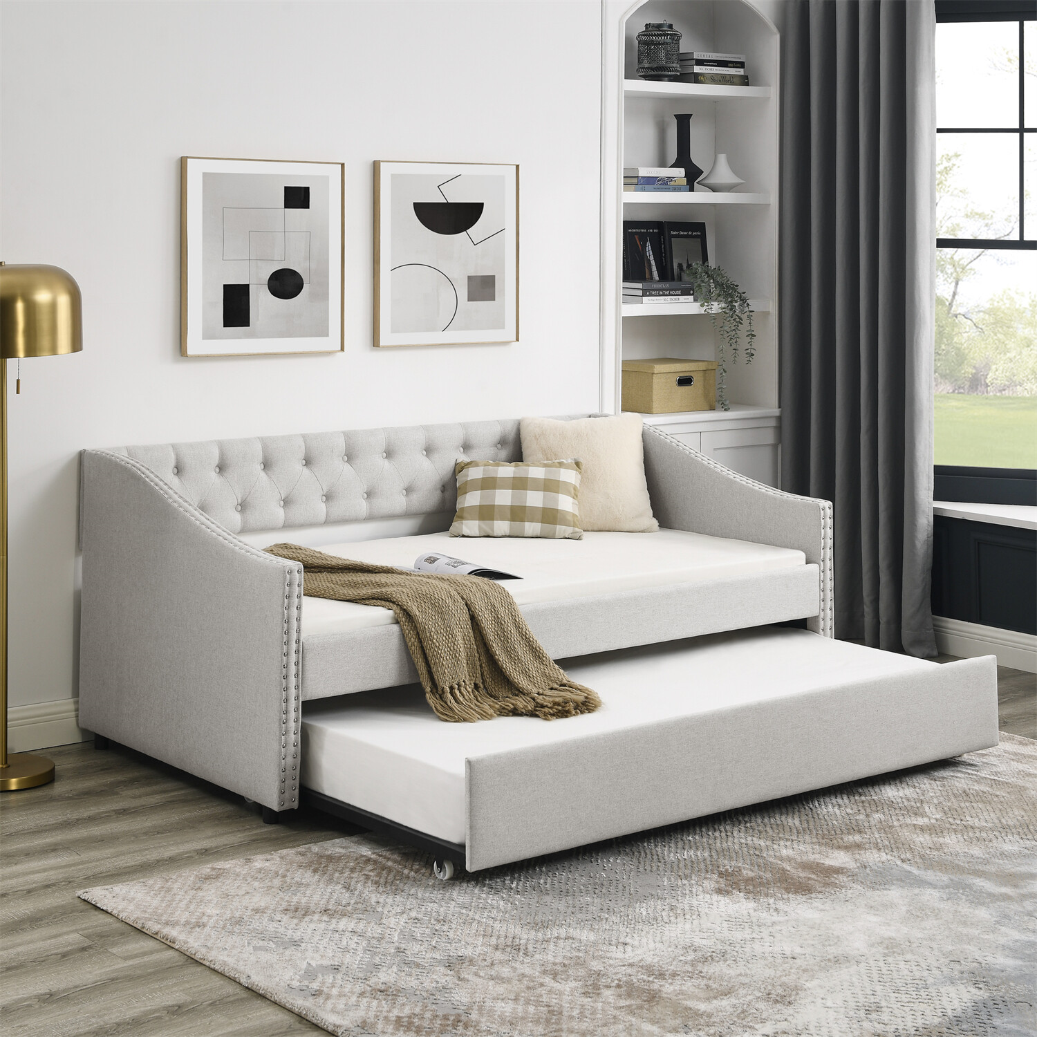 Twin/Full Daybed w/ Pull-Out Trundle Bed Upholstered Bed Frame Sofa Bed US