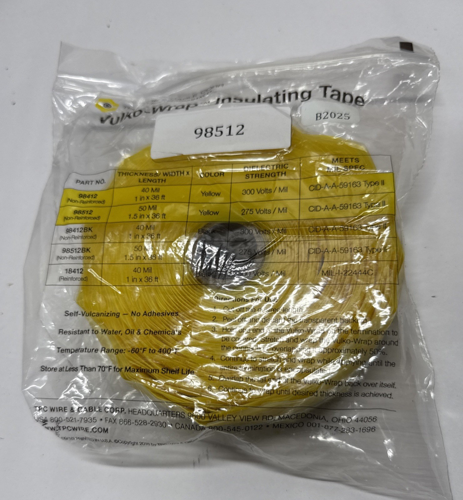 TPC Vulko Wrap Insulating Tape (#98412)  1" X 36 ft, 50MIL