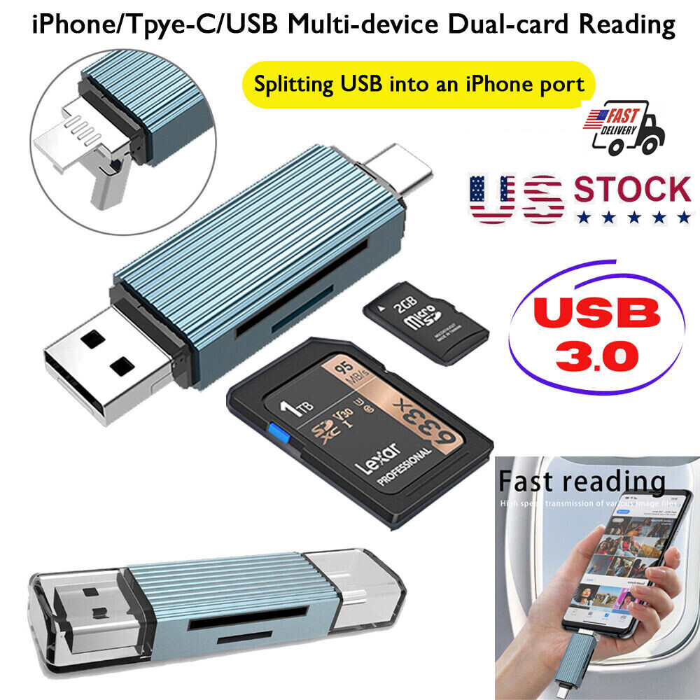 4-in-1 SD/TF Card Reader OTG USB-C to USB 3.0 Adapter Android iPhone Tablet PC