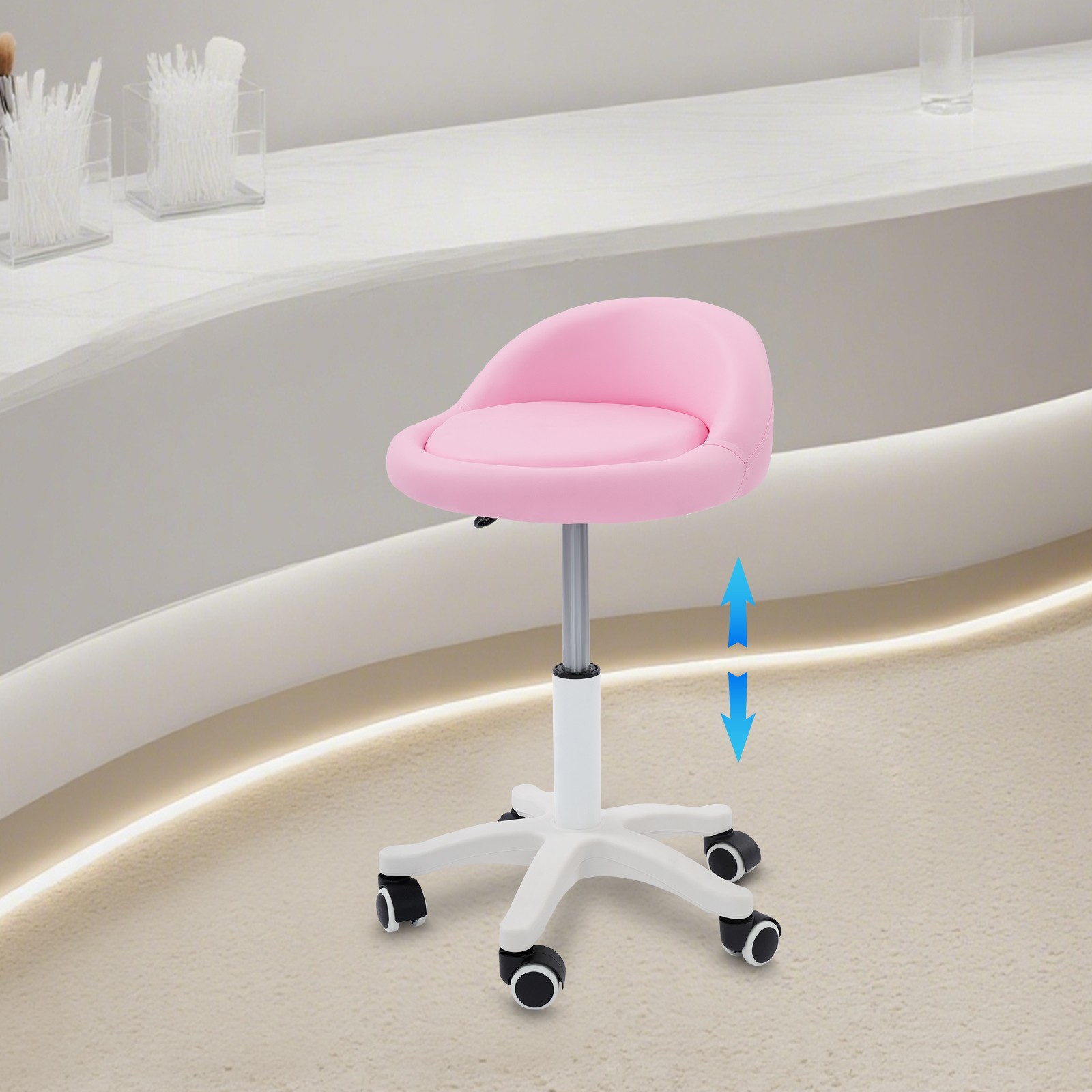Salon Stool Pink Adjustable Height 14.57-19.69 Inch PU Leather Beauty Spa Chair