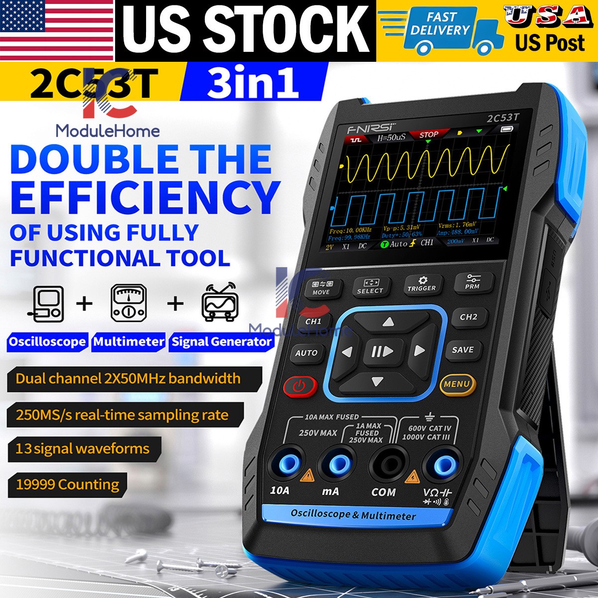 FNIRSI 2C53T Upgrade 50MHz Digital Oszilloskop Multimeter Signal Generator USA