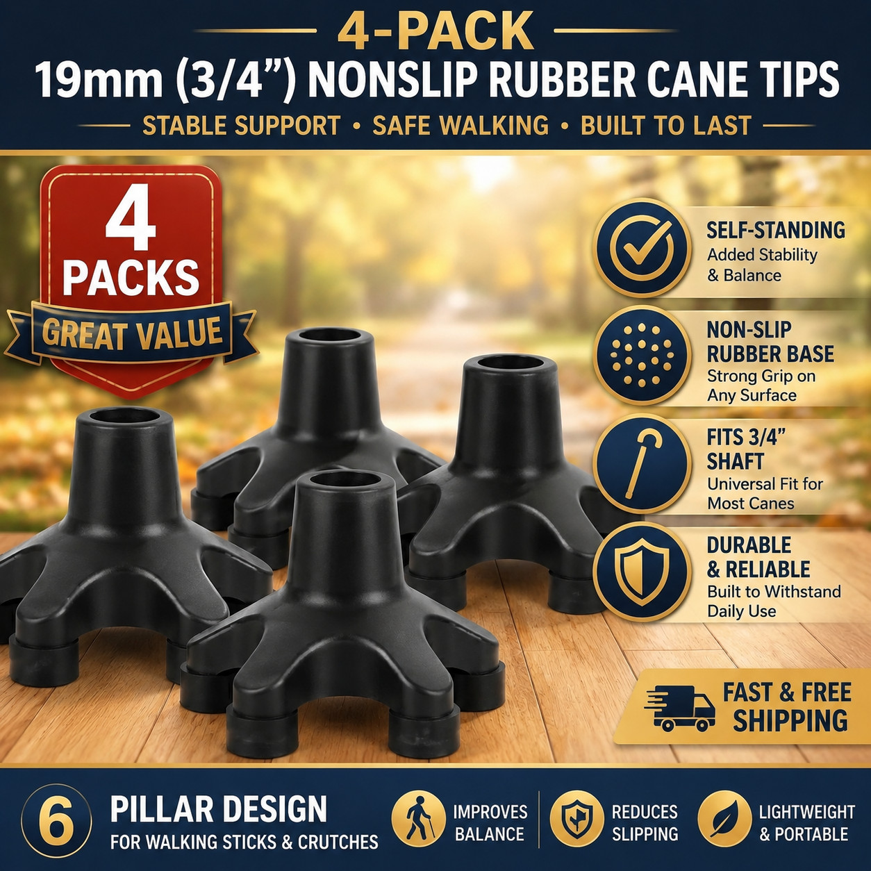 4Pack Nonslip Rubber Cane Tips 6 Pillar Design Walking Stick Crutch Replace