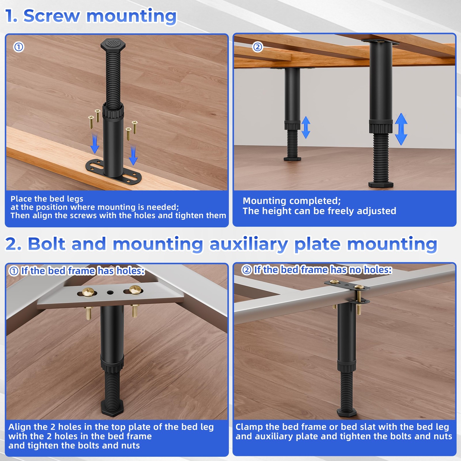 6 Pcs Adjustable Height Bed Support Legs 7.08-12.5 inch with Locking Ring, Be...
