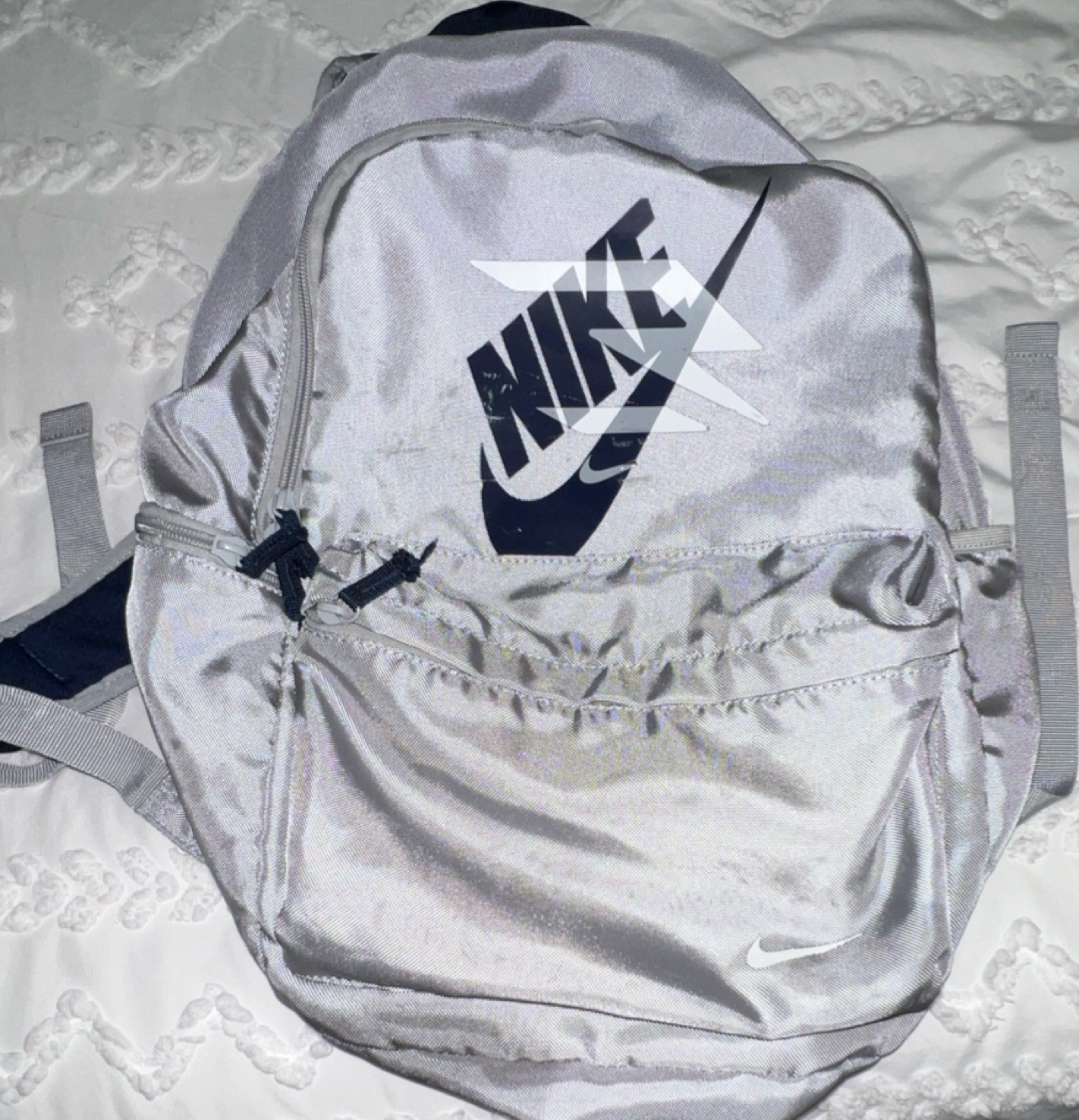 Nike Silver Navy Hiking Backpack Adjustable Straps Logo Synthetic Zipper
