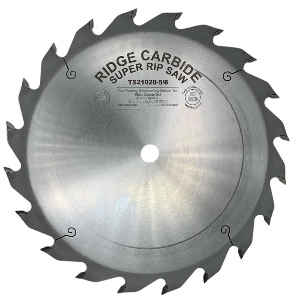 Ridge Carbide 10" SUPER RIP Full Kerf Blade | 20 Teeth, FTG Grind, 20° Hook, 5/8