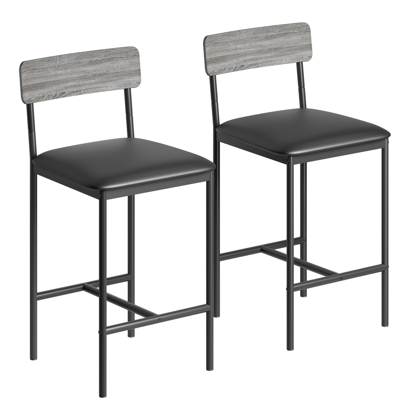 Set of 2 Counter Ht Bar Stools with Back Upholstered Padded for Seat Metal Footr