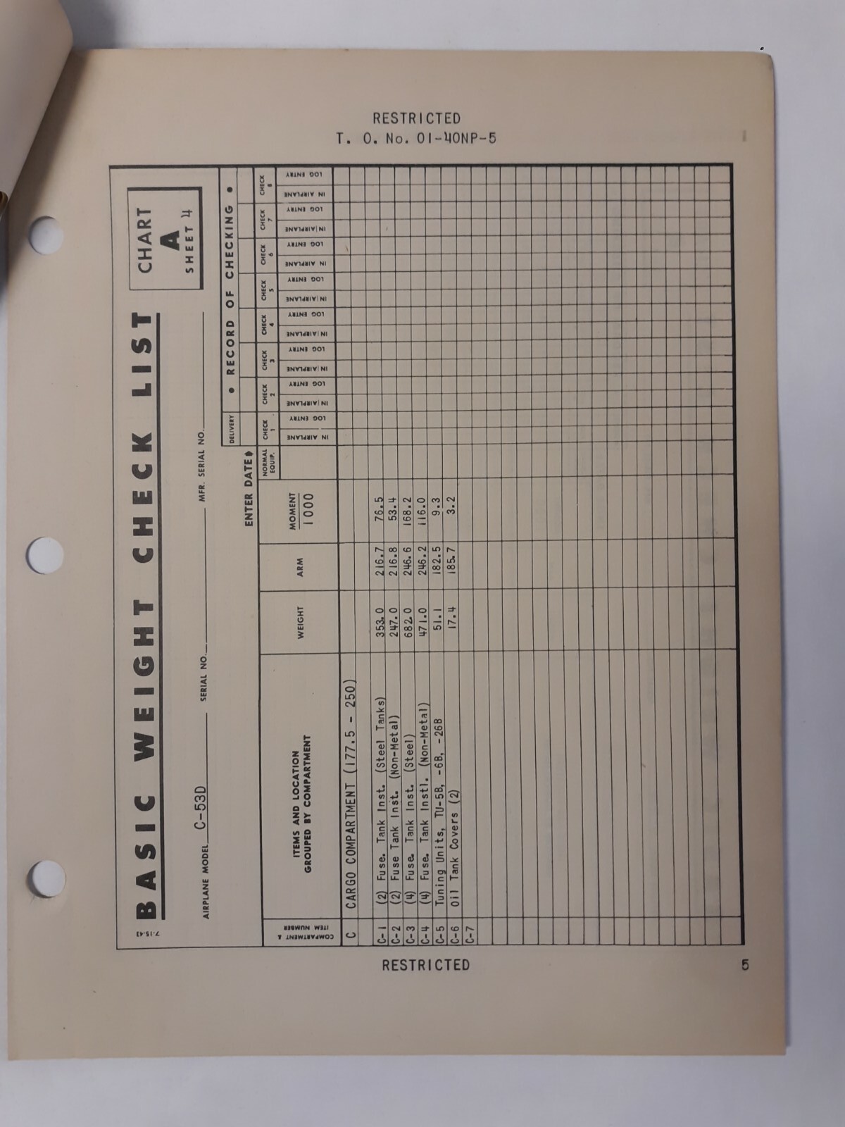 Douglas Model C-53D Airplane Basic Weight Checklist & Loading Data Original