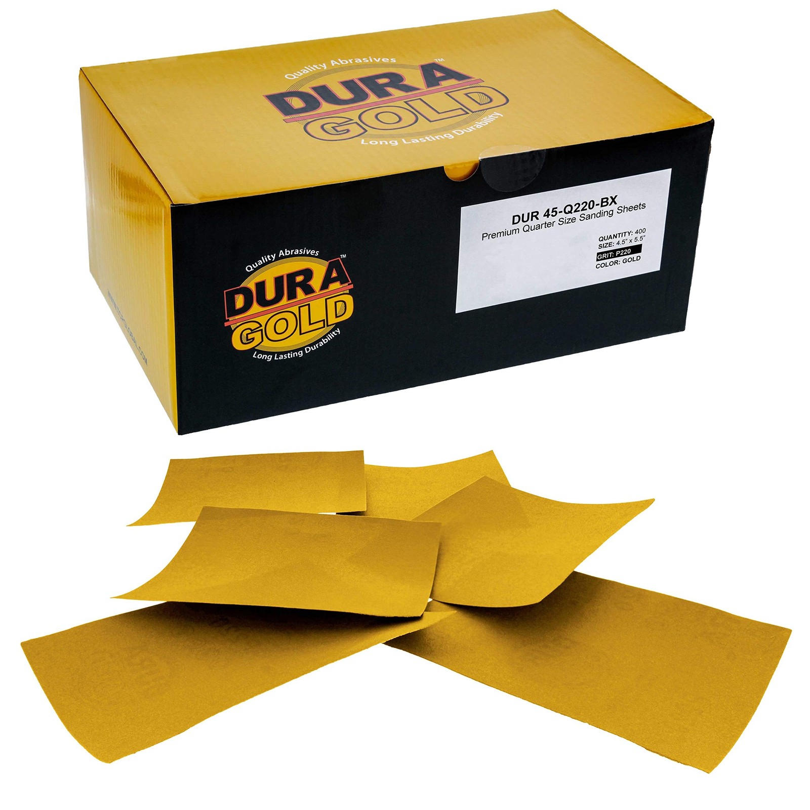 Dura-Gold Premium 1/4 Sheet Gold Sandpaper Sheets, 220 Grit (Box of 400) - Wo...