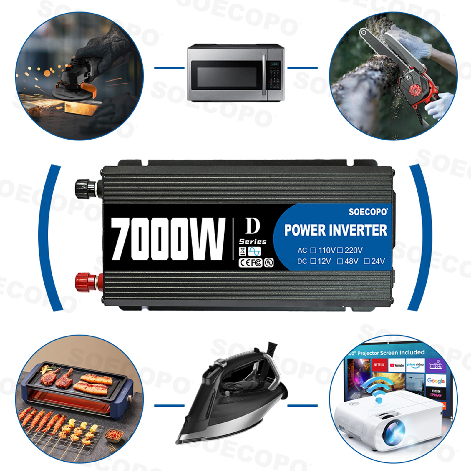 7000W Smart Inverter DC 12/24/48V to AC 110/220V Converter Charger & Adapter