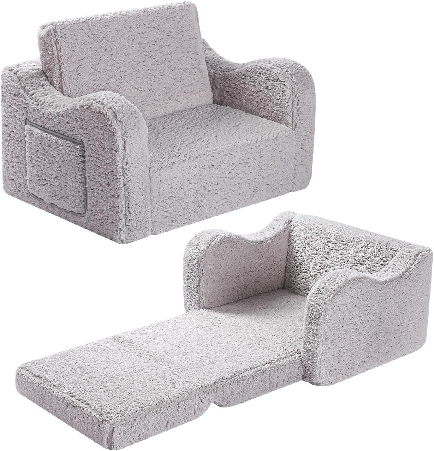 Kids Chairs for Toddler, 2-In-1 Toddler Soft Sherpa Couch Fold Out, Convertible