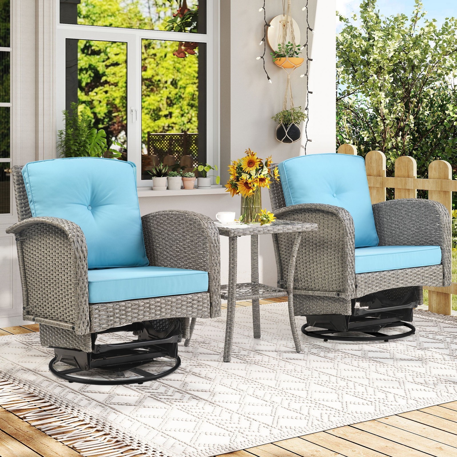3pcs Patio Furniture Set, Rattan Wicker Outdoor Rocking Chair with Coffee Table