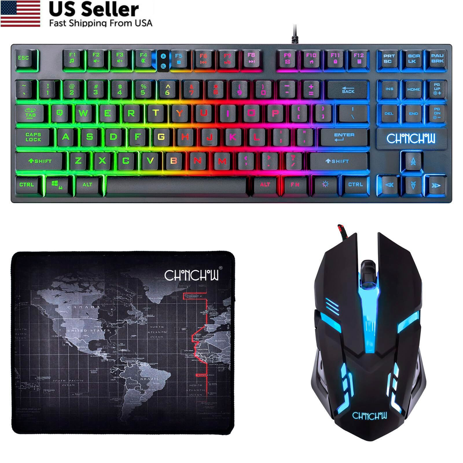 CHONCHOW 87 Keys TKL Gaming Keyboard and Mouse 13.5*5.5*1.2 inches, Black