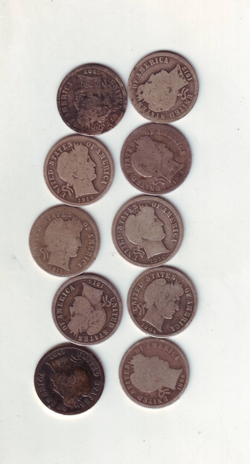 Lot of 10 Barber Dimes – Mixed Dates – Silver
