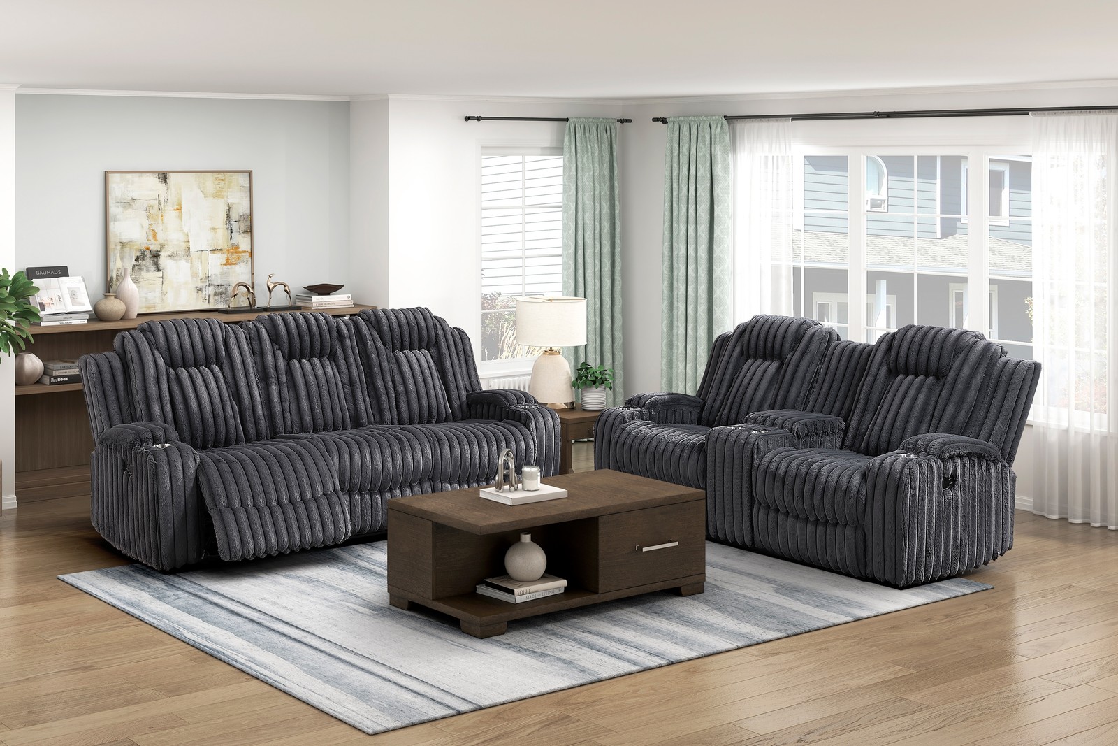 Reclining Sofa w/ Cup Holders Dark Gray Corduroy 3 Seater Living Room Furniture