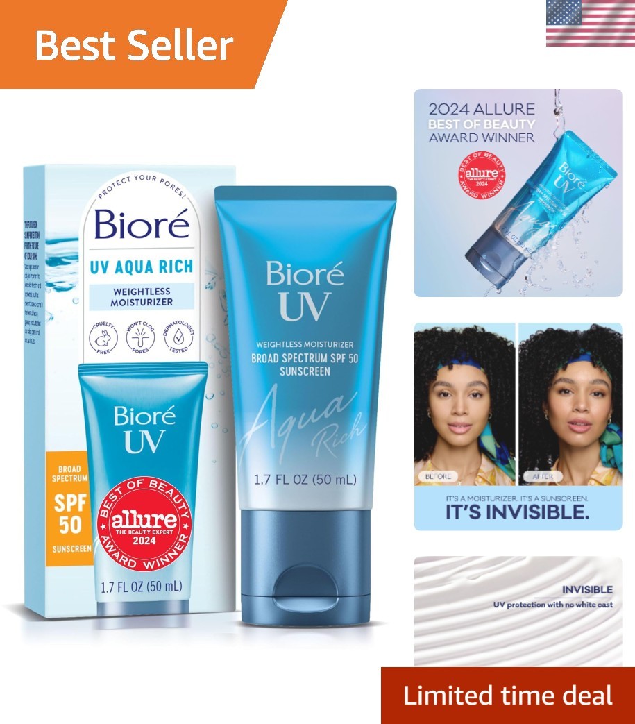 Biore UV Aqua Rich Daily Hydrating Facial Moisturizer with SPF 50 | Oil Free ...