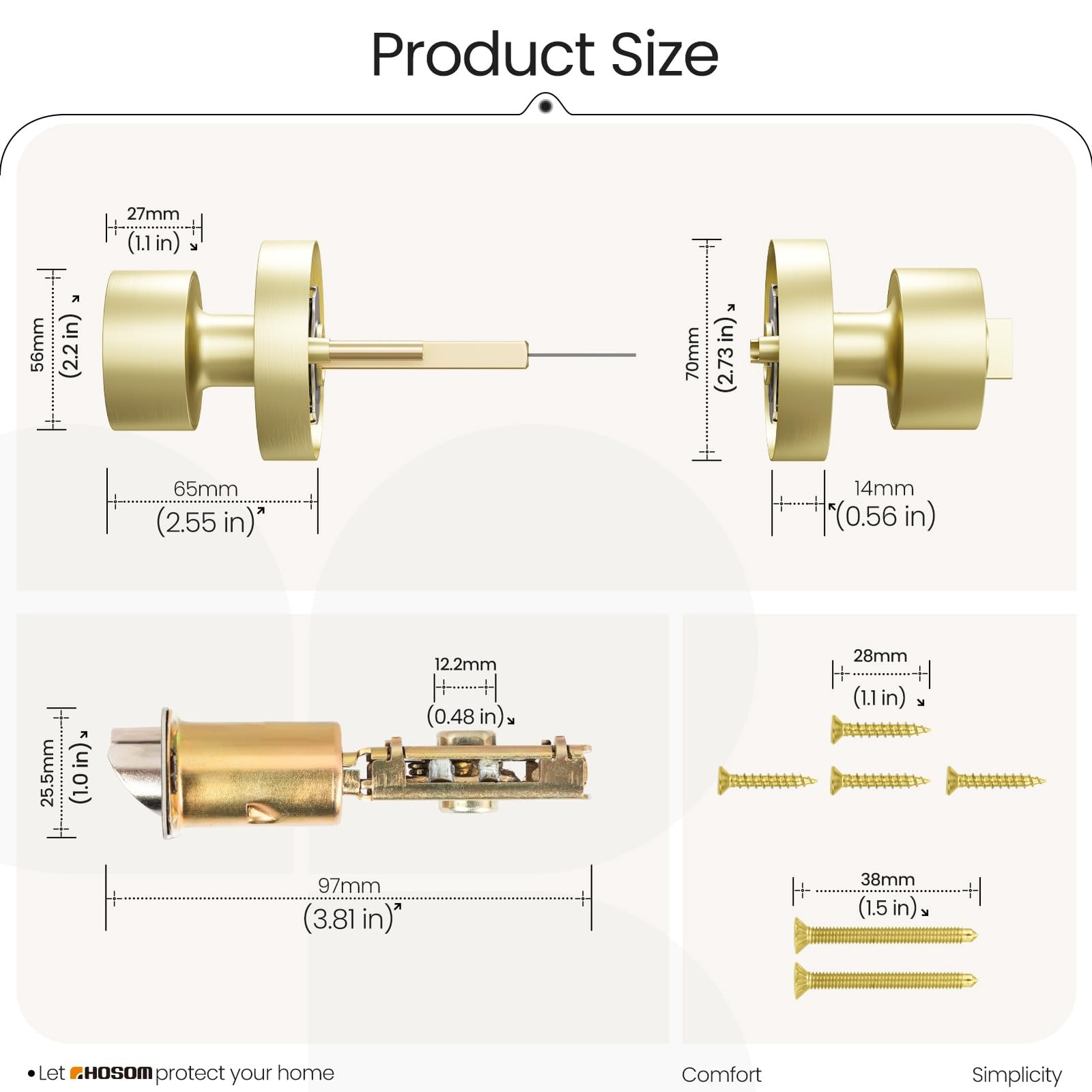 HOSOM Gold Door Knobs with Lock and Key, Keyed Entry Knob Gold,