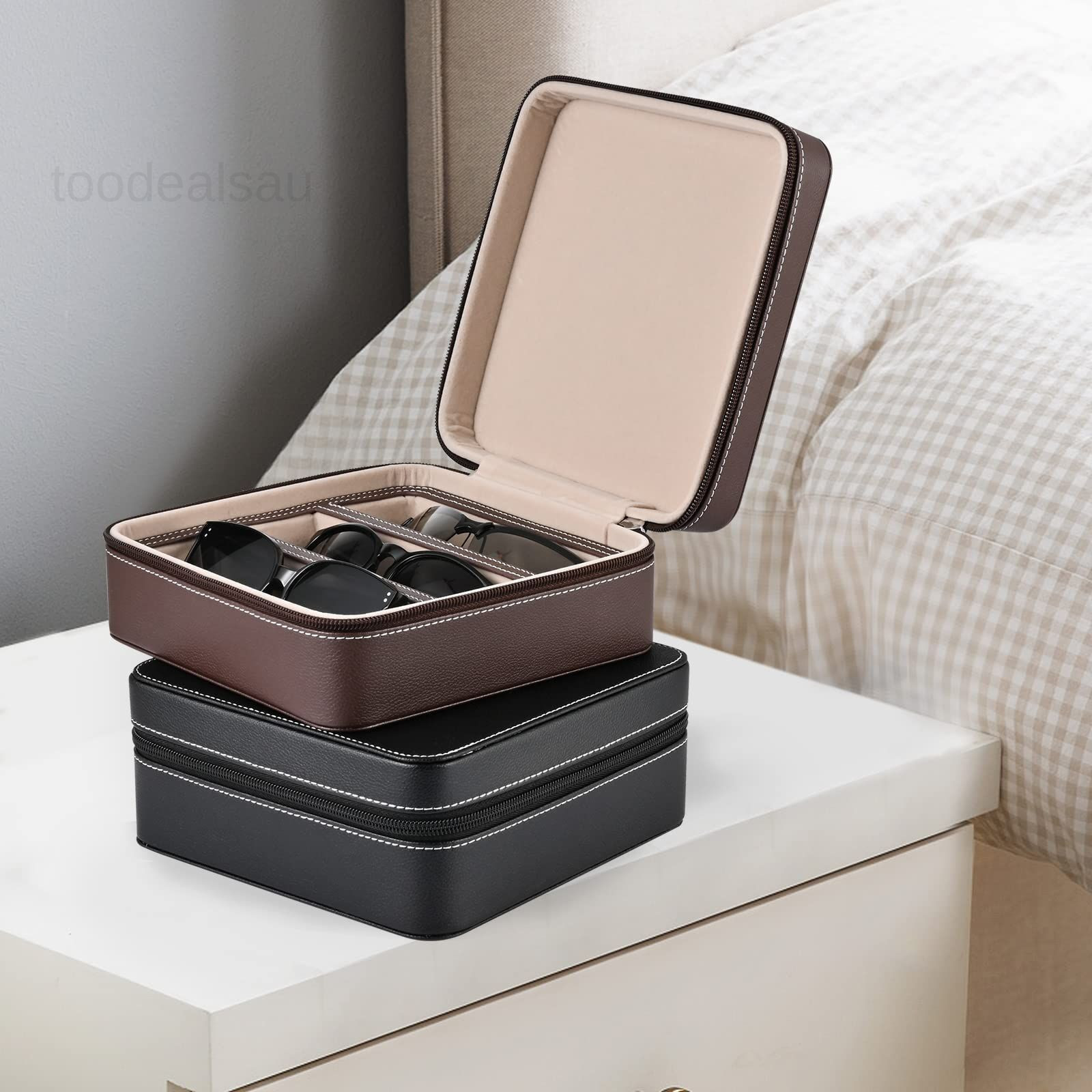 Eyewear Travel Case for women men, Luxury leather 3 Slots, Coffee