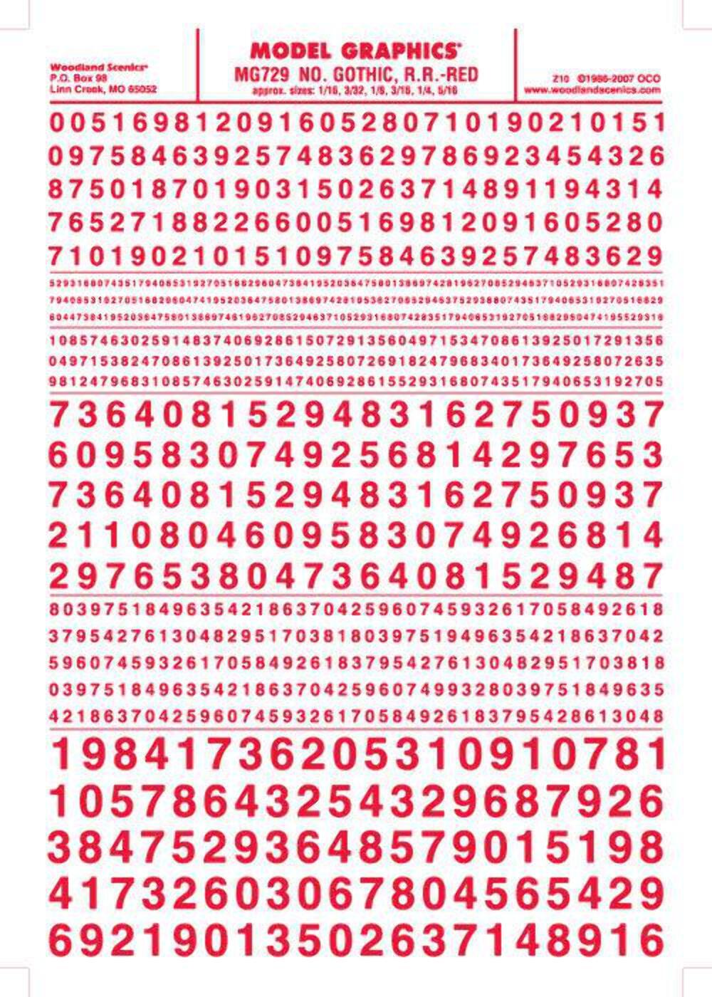 Woodland Scenics MG729 Gothic R.R. Numbers Red 1/16-5/16" Train Decal Sheet