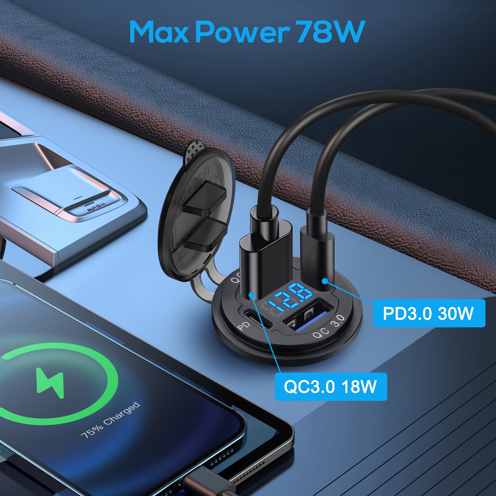 12-24V 4 Port Fast Car Charger QC3.0 & PD USB C Outlet Socket for Boat RV Marine