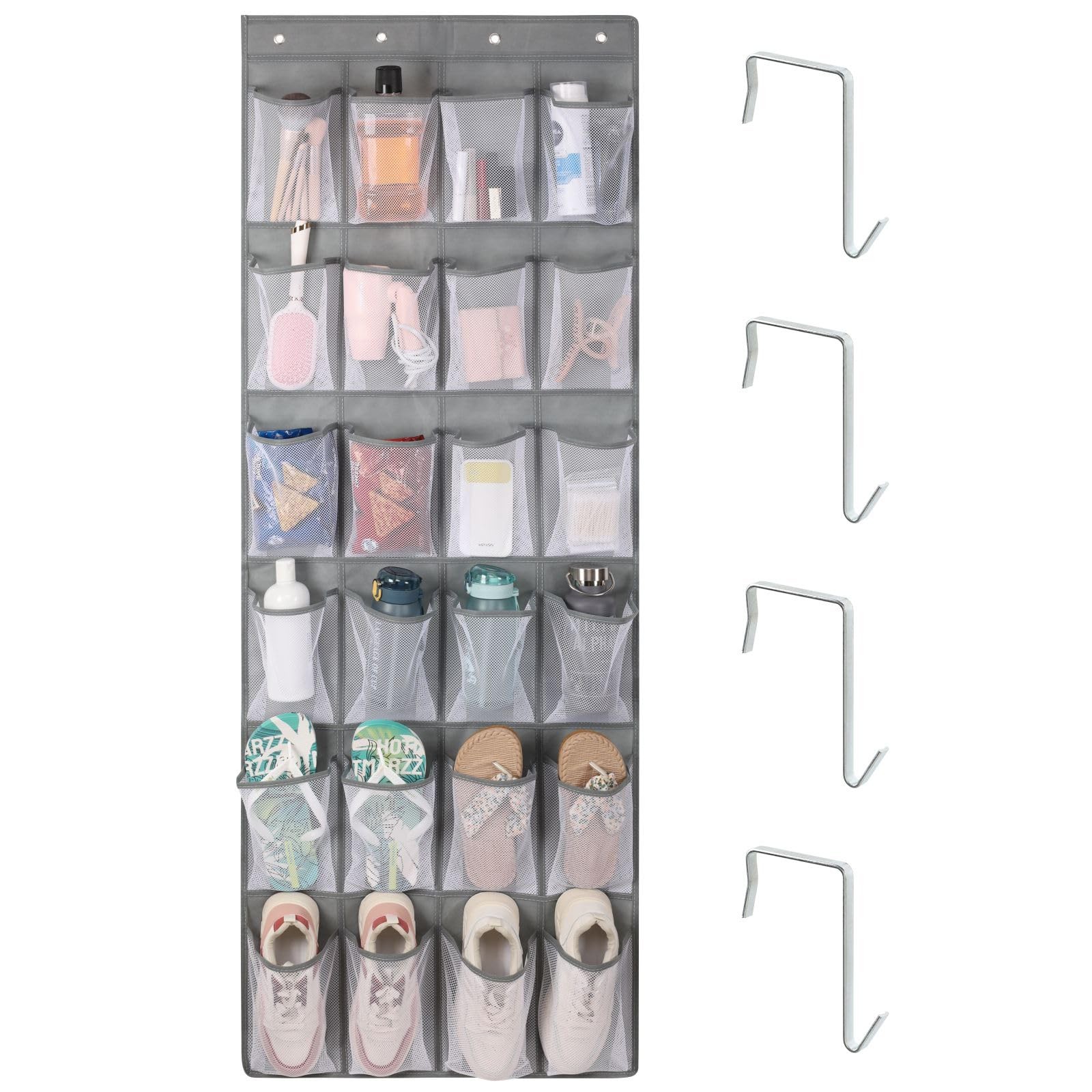 Over the Door Shoe Organizer 24 Mesh Pockets Grey Hanging Storage Metal Hooks