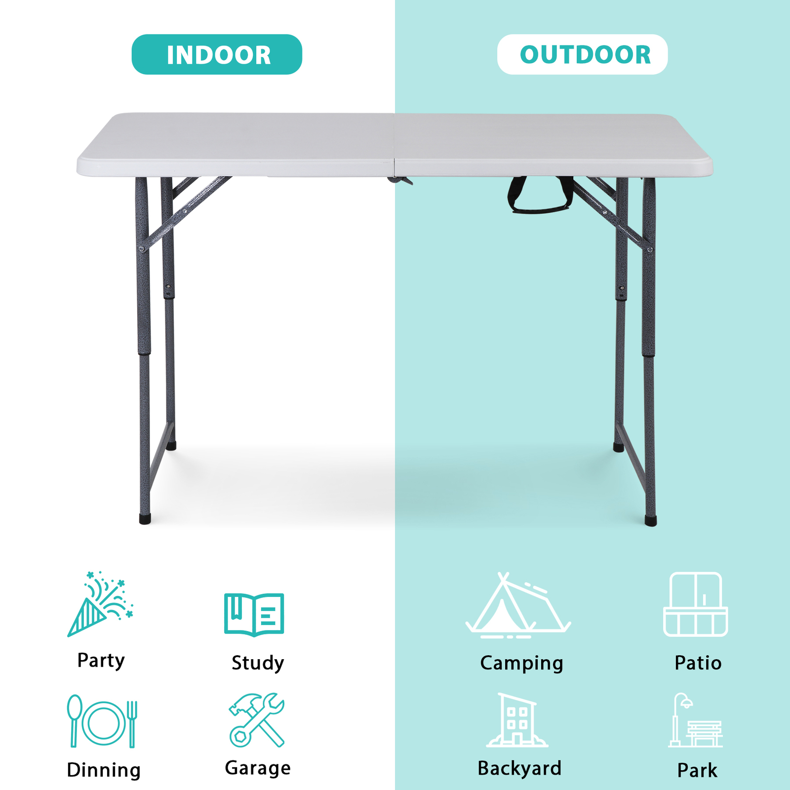 Folding Table Adjustable 4FT Plastic Table Picnic Camping w/Carry Handle White