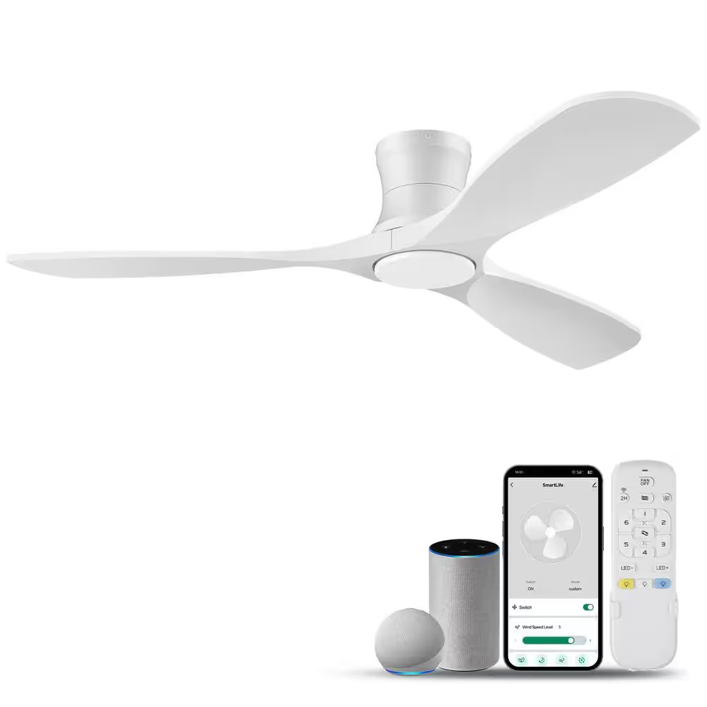 52 In.Smart Outdoor Indoor Wood White Flush Mount Ceiling Fans with Lights Remot