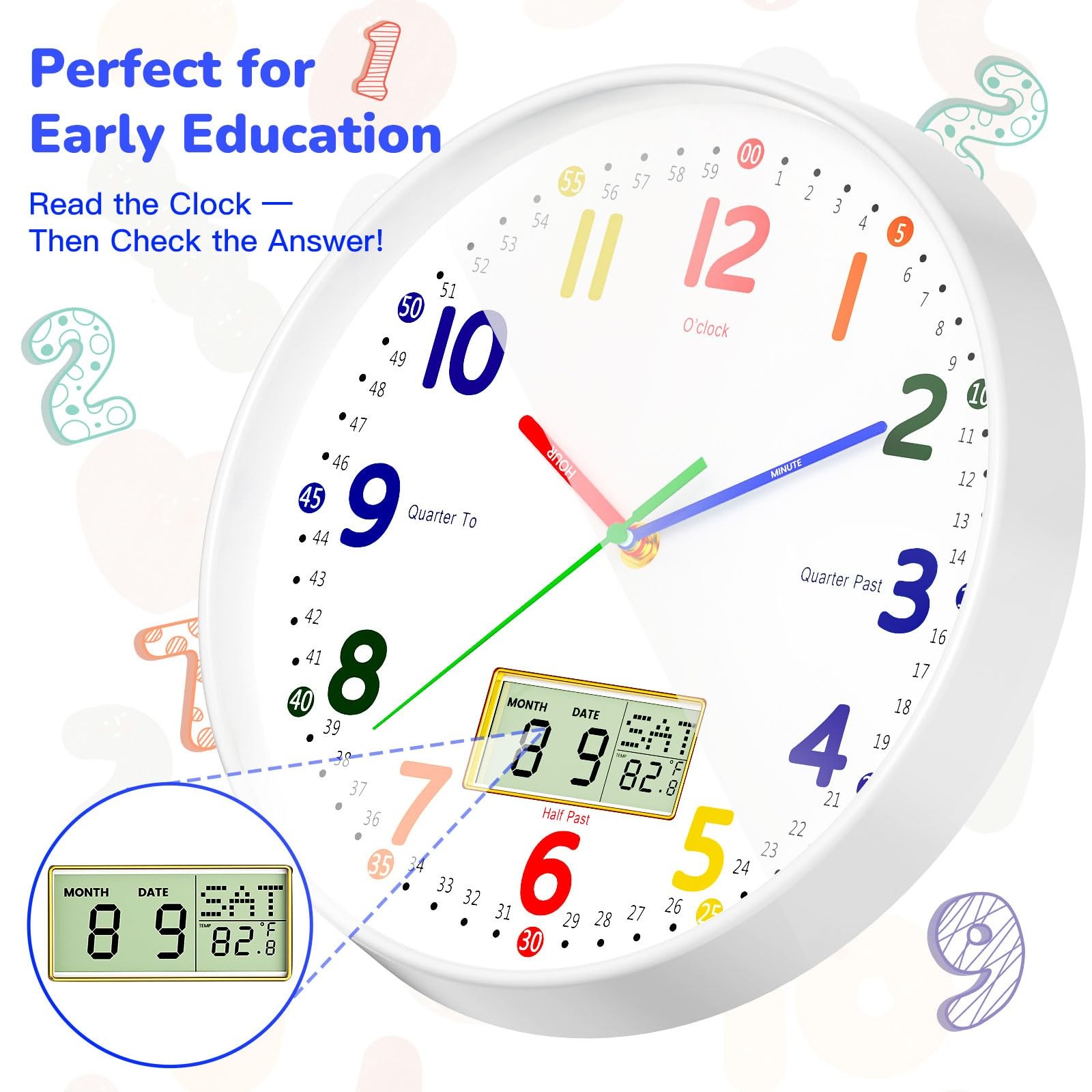 12" Silent Teaching Wall Clock with LCD Date Weekday Temperature Display – Te...