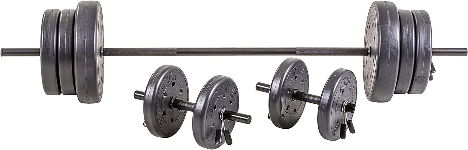 US Weight 105 lb Duracast Barbell Weight Set with two dumbbells and 6ft bar f...