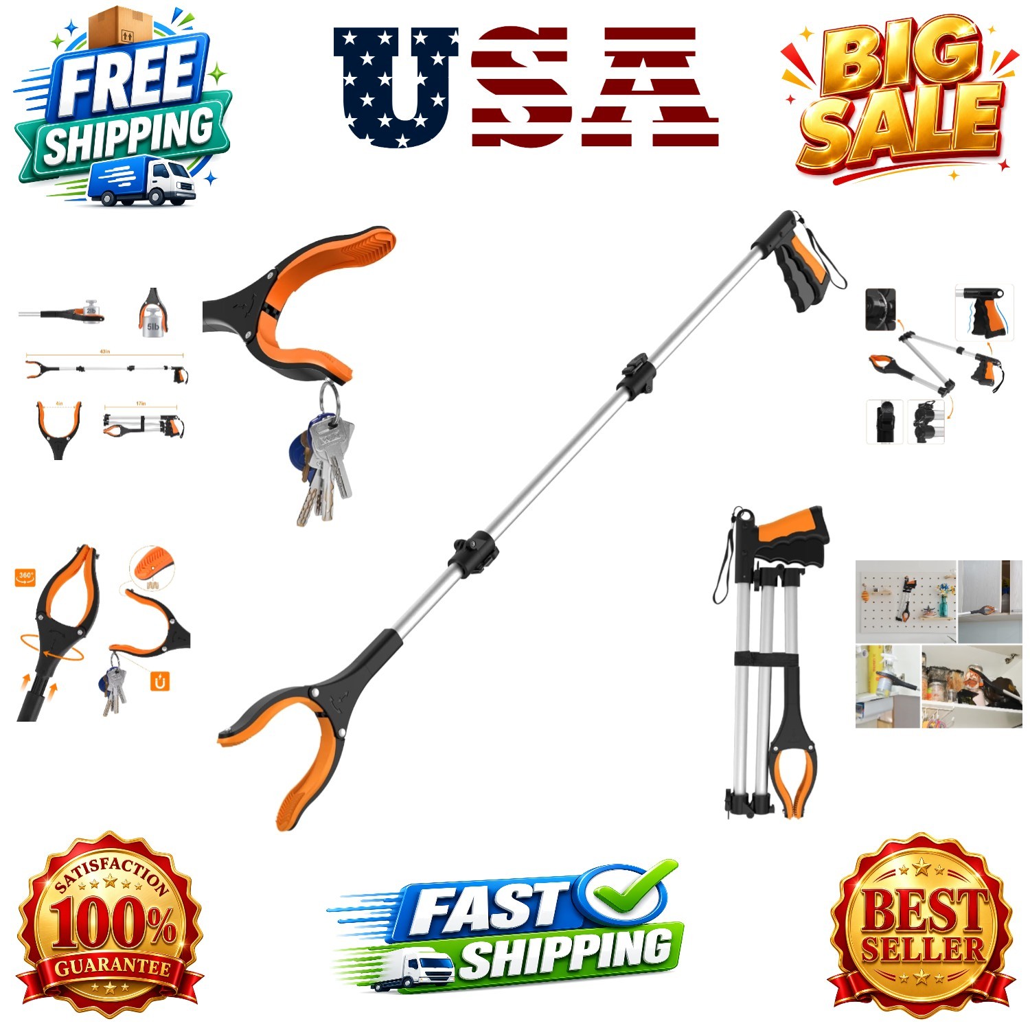 43" Extra Long Grabber Tool, Foldable Grabbers for Elderly Grab It Reaching T...