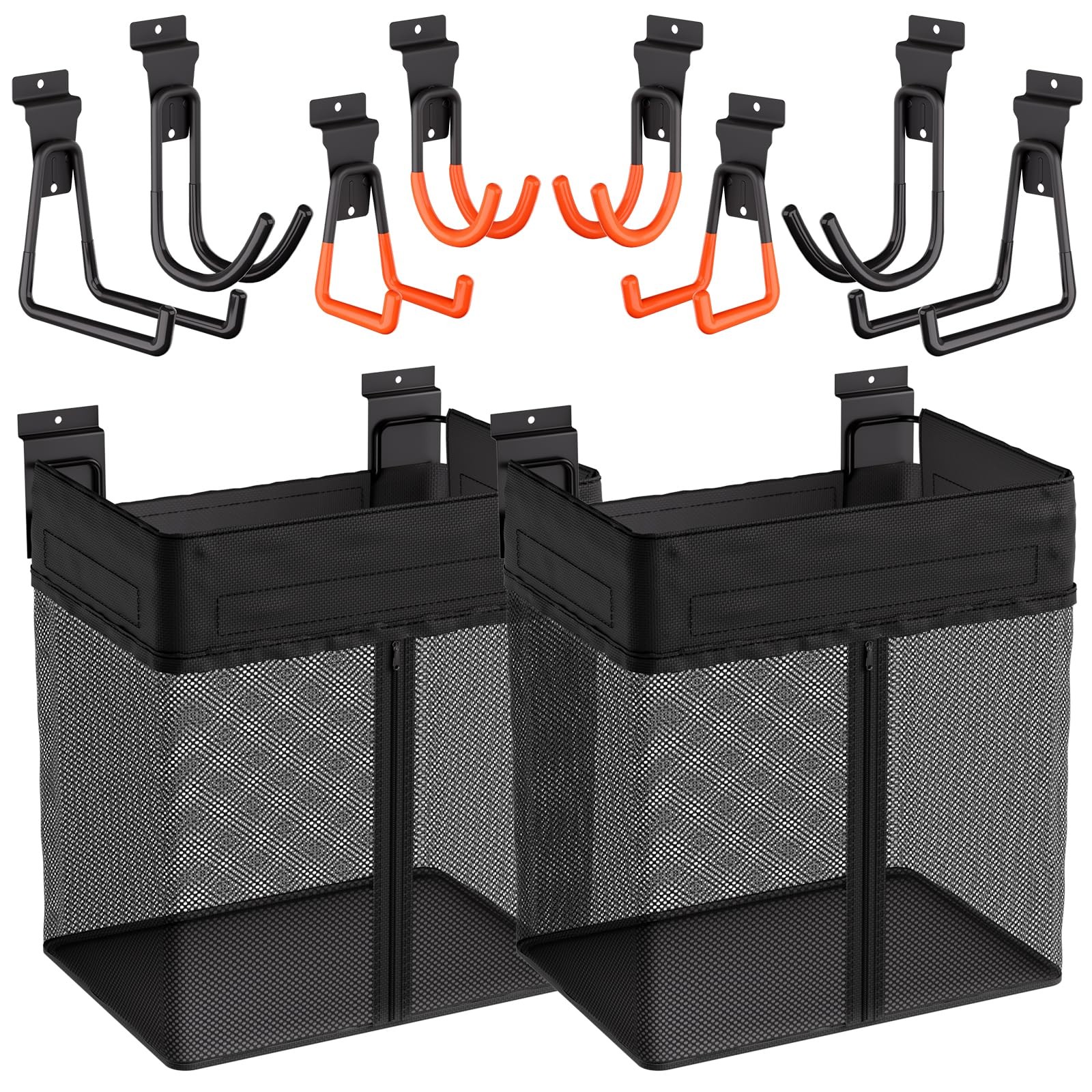 10 PCS Slatwall Accessories Kit 2 Baskets & 8 Heavy Duty Hooks Garage Black