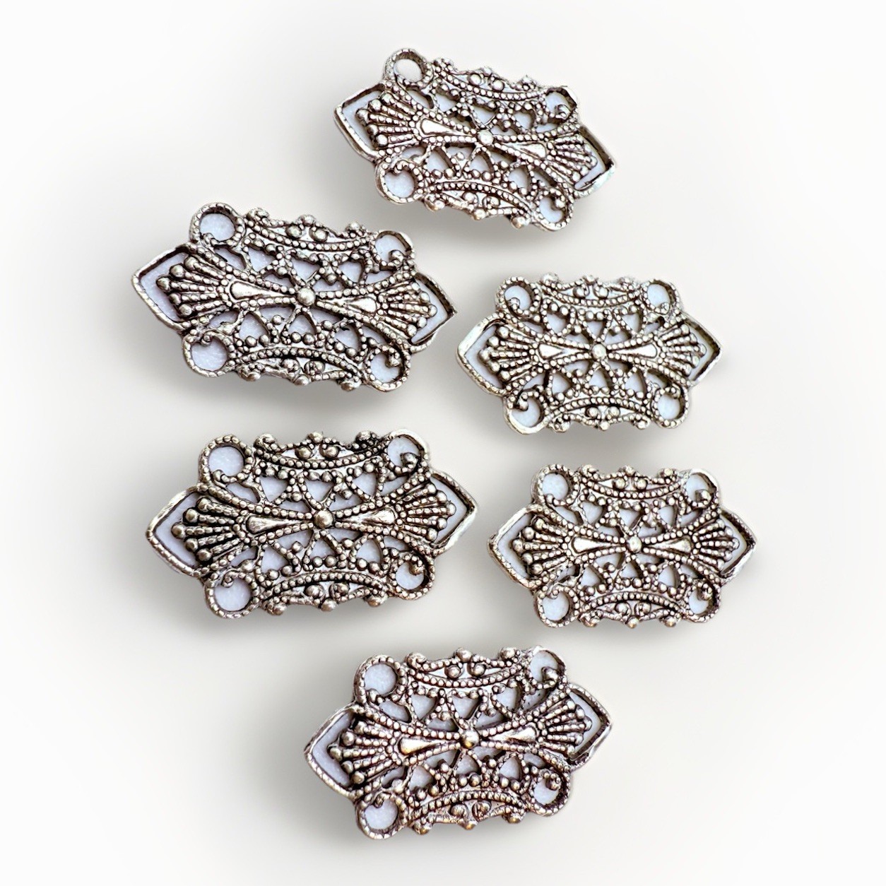 Antique Silver Tone Filagree Jewelry Making Connectors Qty:6