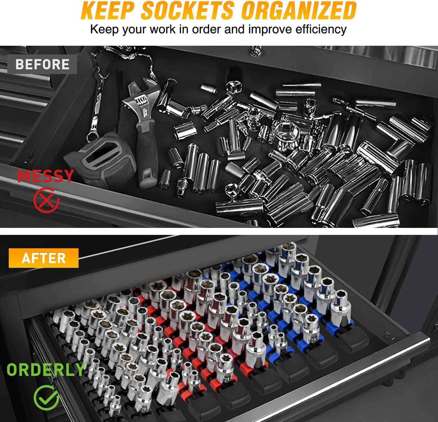 Socket Organizer ABS Socket Holder Set 1/4" 3/8" 1/2" Drive Socket Rail Holders