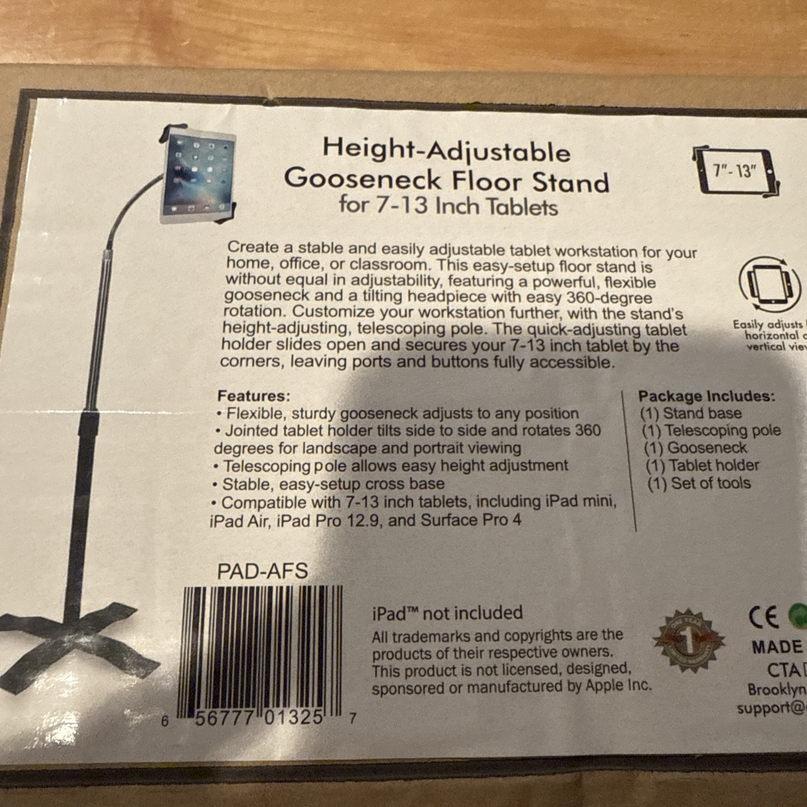 Cta Digital PAD-AFS Height-Adjustable Gooseneck Floor Stand for 7"–13" Tablets