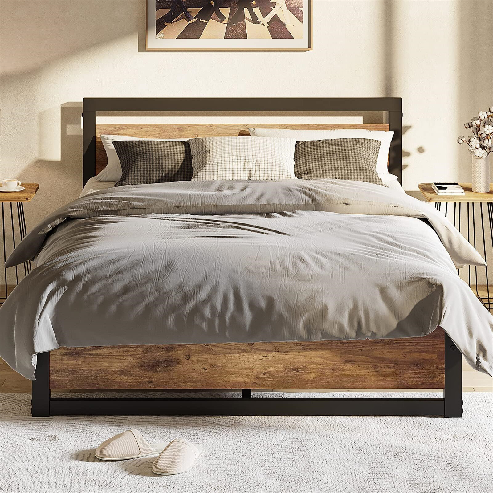 ✅Metal King Bed Platform King Size Bed Frame with Wooden Headboard and Footboa