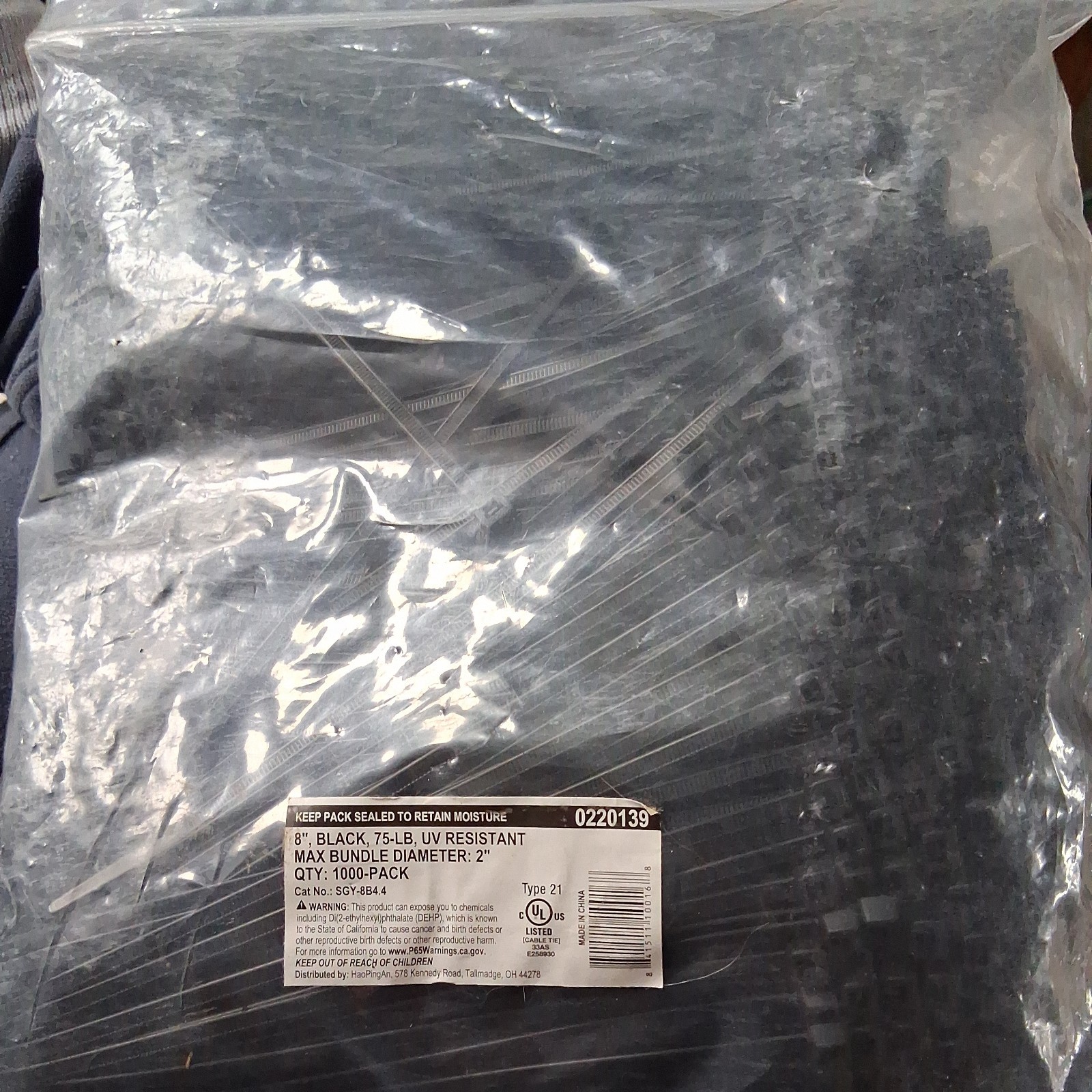 8-in, 1,000-Pack, 75-lb, Black, Standard Nylon Cable Tie 8 Inch, Black