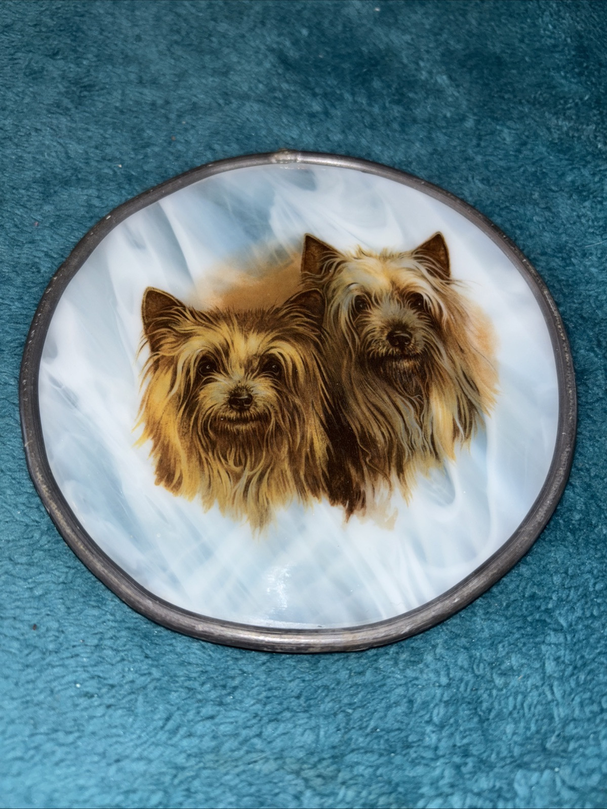 Vintage Leaded White Slag Glass Window Sun Catcher Yorkshire Terriers Dogs #WW