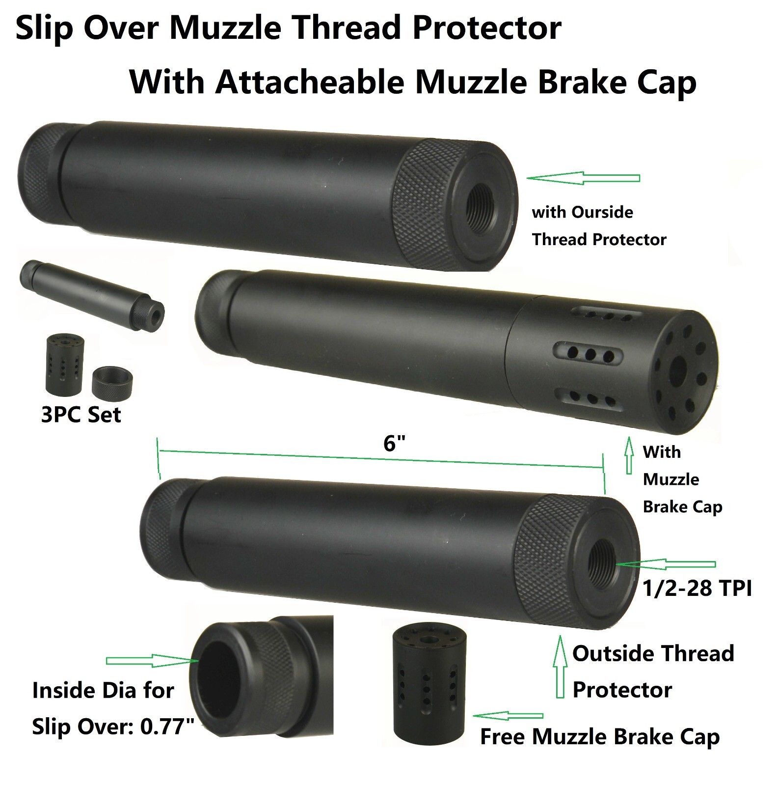 Aluminum 1/2X28 TPI Slip Over Tube 6" With Muzzle Brake/Protector Attachment