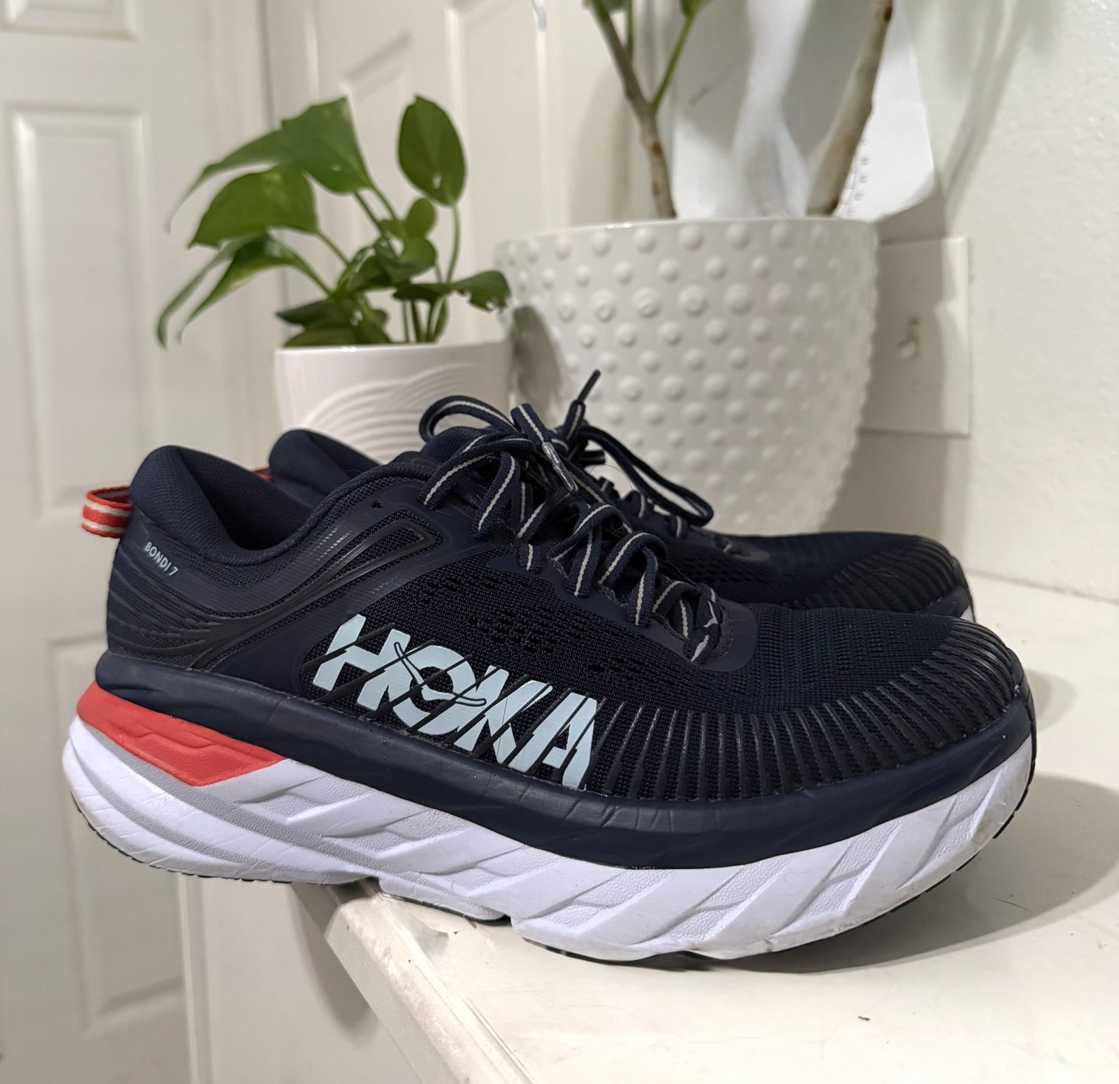 HOKA Bondi 7 Running Shoes Navy Blue and Orange  Breathable