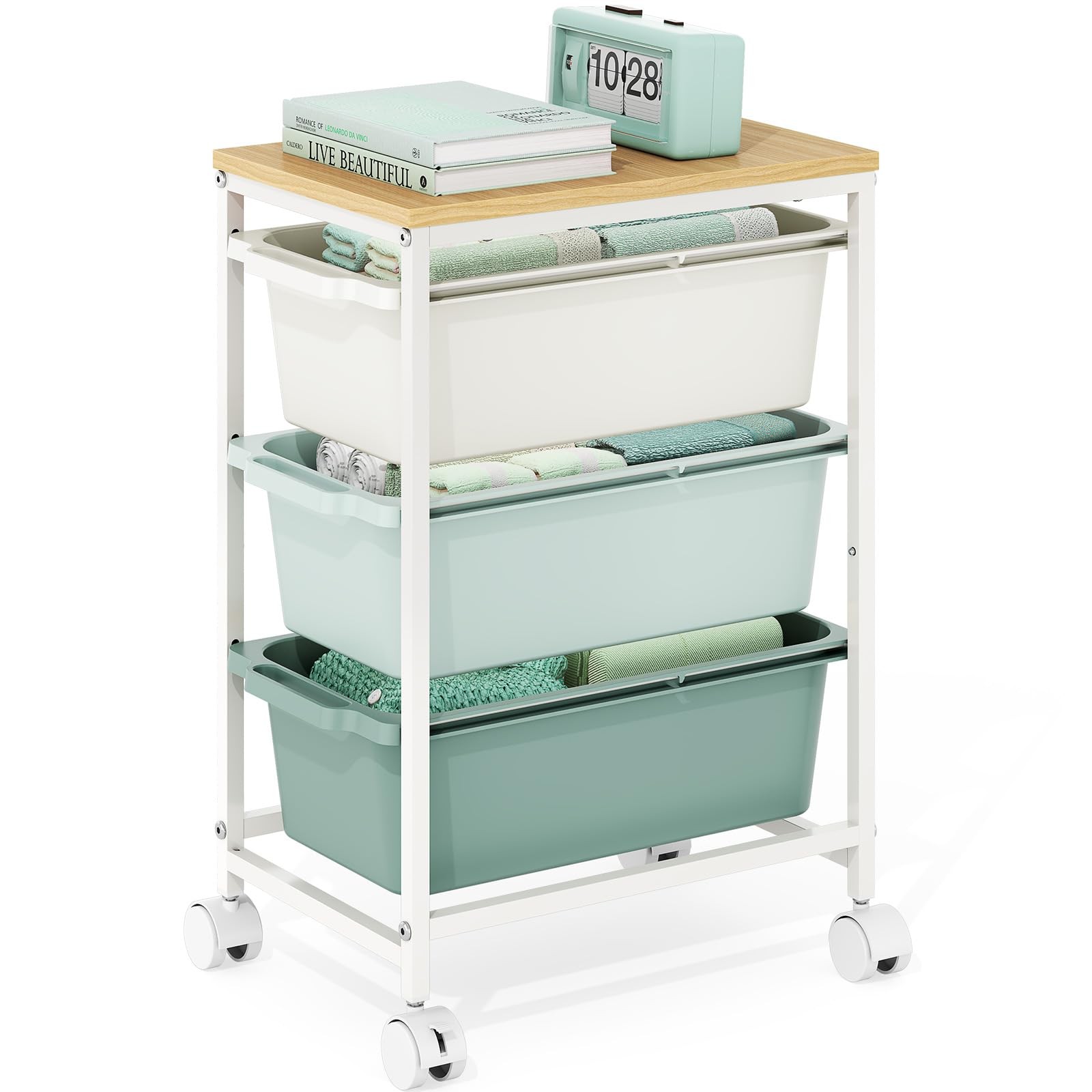 Rolling Storage Cart with 3 Drawers, Craft Organizer, Wooden Tabletop Utility...