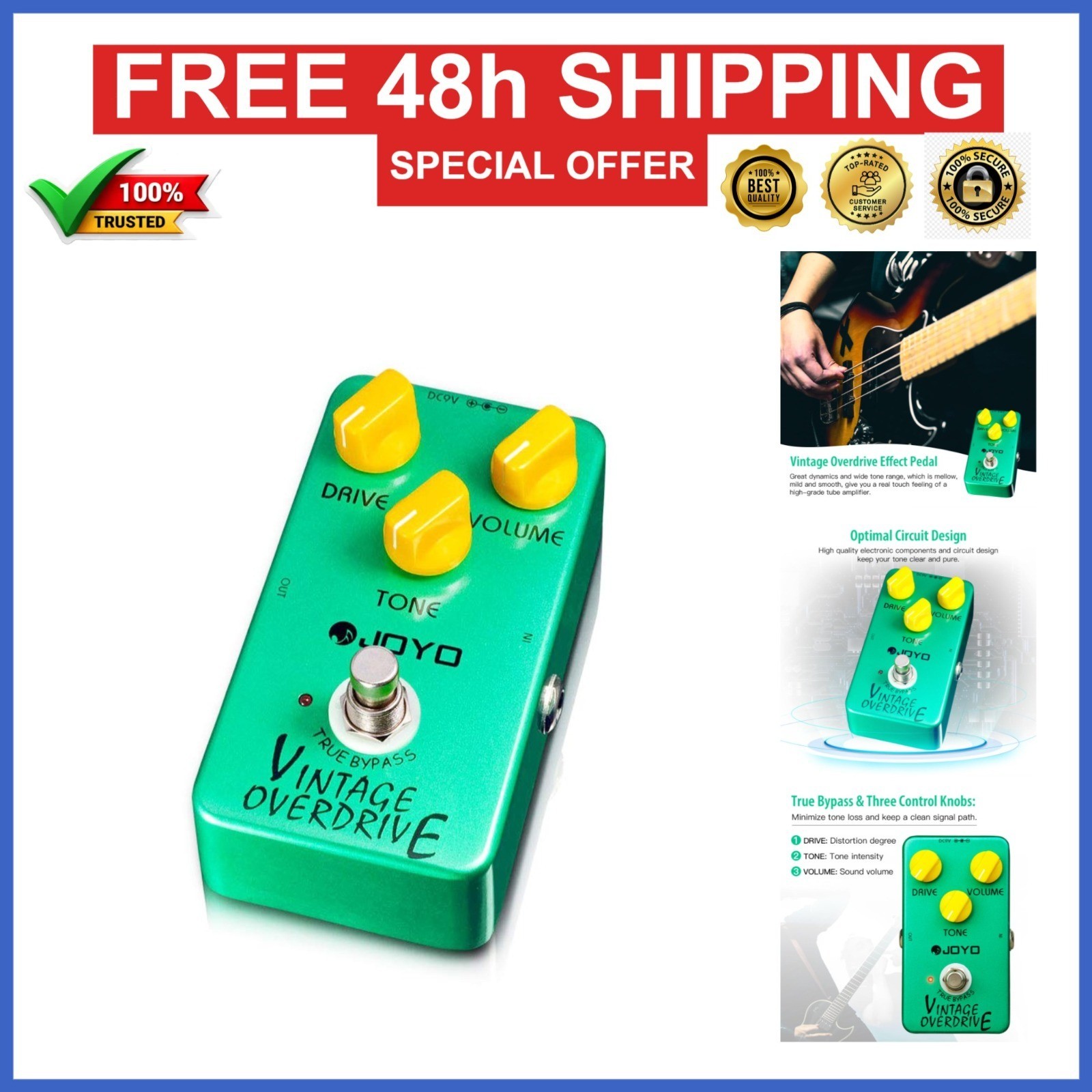 JOYO Vintage Overdrive Guitar Pedal - Smooth Tone, True Bypass