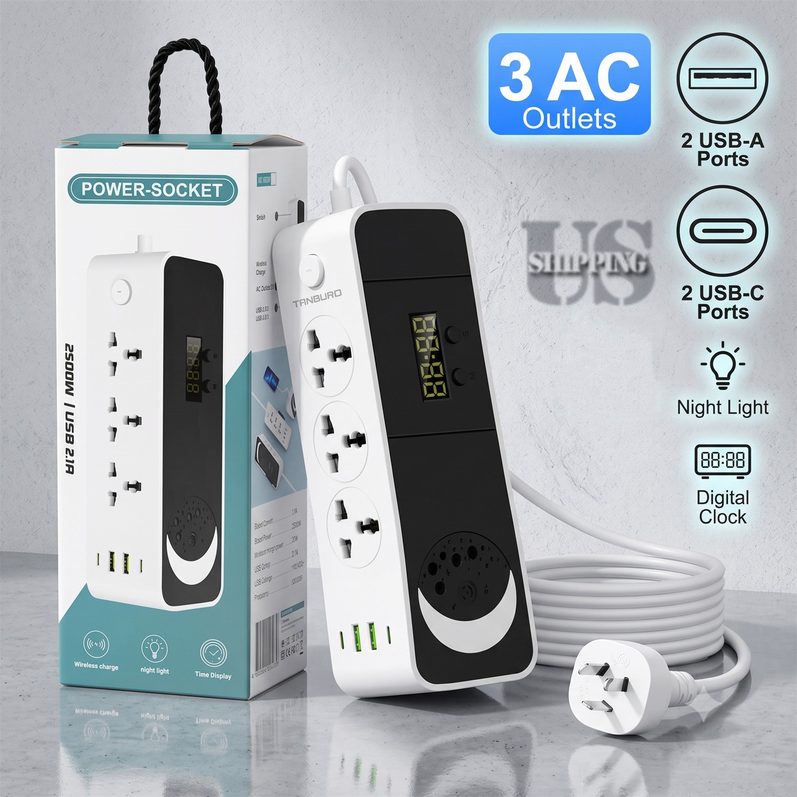 Power Strip Surge Protector Extension Cord with Clock/Night Light USB+PD Ports