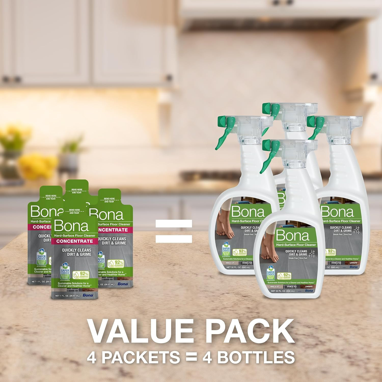 Bona Multi-Surface Floor Cleaner Concentrate - 1 Fl Oz - 4-Pack - Residue-Free F