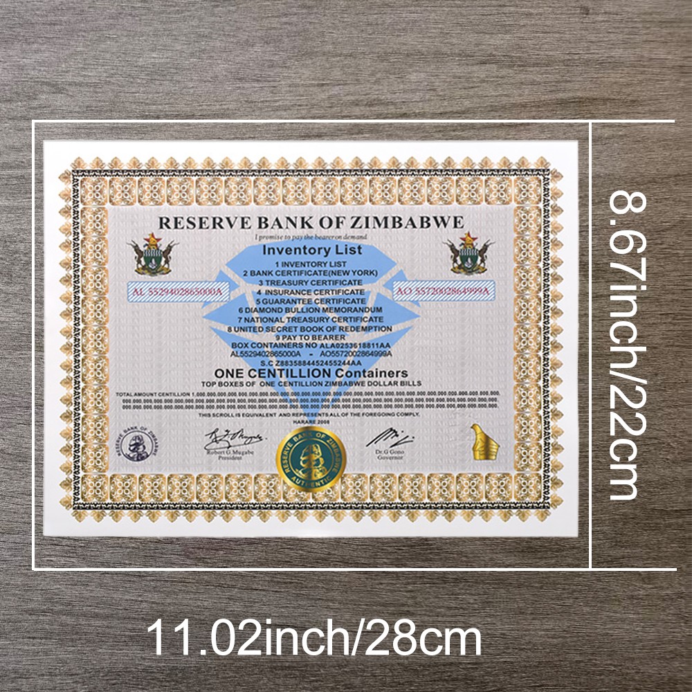 100pcs/box Zimbabwe One Centillion Containers Banknote Certificate Collection